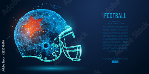 Abstract American football helmet from particles, lines and triangles on blue background. Rugby. All elements on a separate layers, color can be changed to any other in one click. Vector illustration