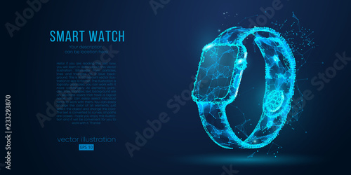 Abstract silhouette of a smart clock from particles, lines and triangles on blue background. Elements on a separate layers color can be changed to any other in one click. Vector illustration