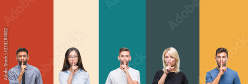Collage of different ethnics young people over colorful stripes isolated background asking to be quiet with finger on lips. Silence and secret concept.