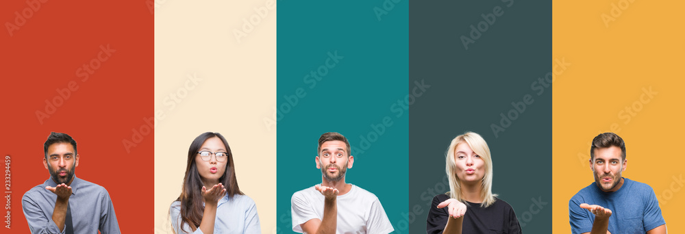 Fototapeta premium Collage of different ethnics young people over colorful stripes isolated background looking at the camera blowing a kiss with hand on air being lovely and sexy. Love expression.