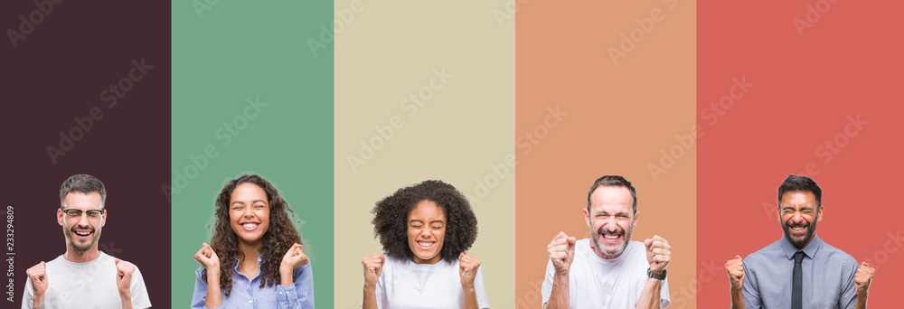 Obraz premium Collage of group of young and senior people over colorful isolated background excited for success with arms raised celebrating victory smiling. Winner concept.