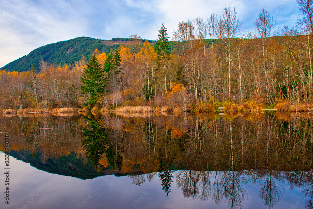 Obraz premium Fall colors reflections at lake Cowichan in Vancouver Island