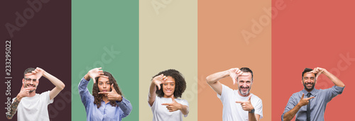 Collage of group of young and senior people over colorful isolated background smiling making frame with hands and fingers with happy face. Creativity and photography concept.