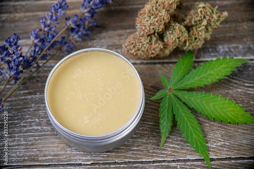 Cannabis hemp cream with marijuana leaf, lavender and nugs