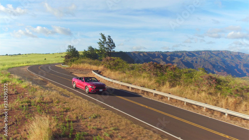 AERIAL: Red convertible sportscar driving along majestic Waimea canyon landscape