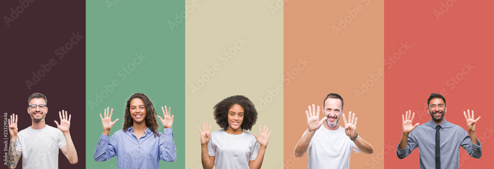 Obraz premium Collage of group of young and senior people over colorful isolated background showing and pointing up with fingers number nine while smiling confident and happy.
