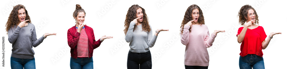 Collage of young brunette curly hair girl over isolated background amazed and smiling to the camera while presenting with hand and pointing with finger. Collage of young brunette curly hair girl over isolated background amazed and smiling to the camera while presenting with hand and pointing with finger.