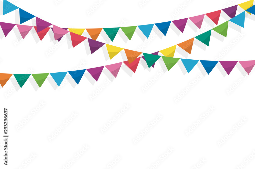 Colorful bunting flags birthday, celebration, carnival, anniversary and holiday party on white background. Vector illustration