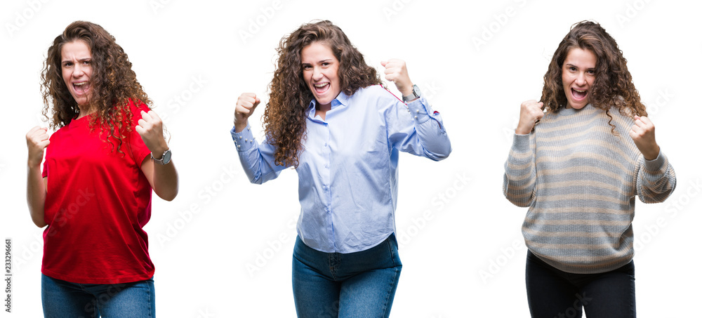 Collage of young brunette curly hair girl over isolated background very happy and excited doing winner gesture with arms raised, smiling and screaming for success. Celebration concept.