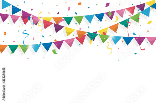 Colorful bunting flags with Confetti and ribbons for birthday, celebration, carnival, anniversary and holiday party on white background. Vector illustration photo