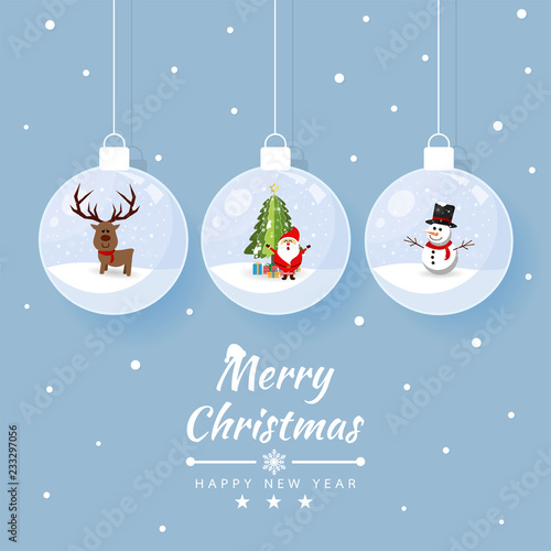 Merry christmas glass ball with element collection banner. reindeer, santa, snowman at snow. Vector illustration