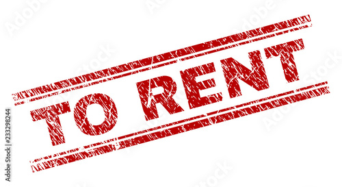 TO RENT seal imprint with corroded style. Red vector rubber print of TO RENT label with corroded texture. Text label is placed between double parallel lines.