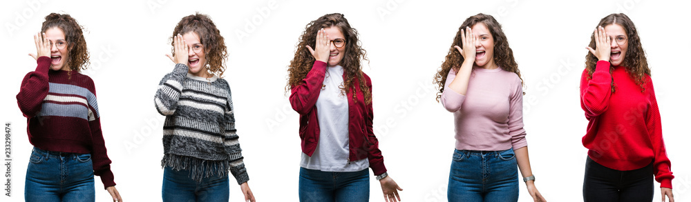 Collage of young brunette curly hair girl over isolated background covering one eye with hand with confident smile on face and surprise emotion. Collage of young brunette curly hair girl over isolated background covering one eye with hand with confident smile on face and surprise emotion.