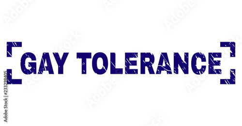 GAY TOLERANCE label seal print with grunge texture. Text caption is placed between corners. Blue vector rubber print of GAY TOLERANCE with scratched texture.