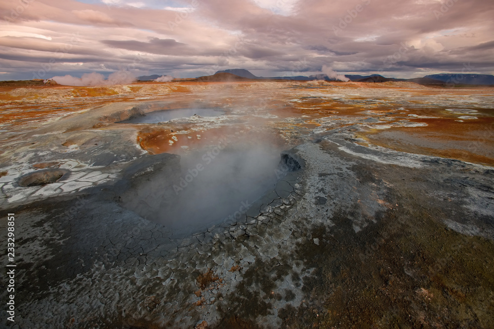 The Namafjall -  fumarole field - an area of thermal springs, colourful landscape of Iceland