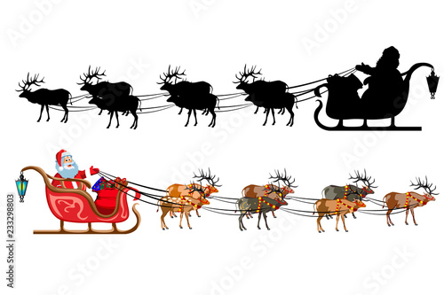 Santa Claus on a sleigh with reindeer, with a handful of gifts. Silhouette of santa claus.