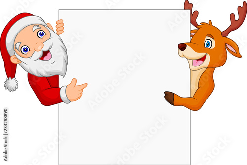 Cartoon Santa Claus and reindeer pointing at blank sign