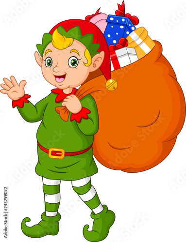 Cartoon Christmas elf carrying a sack of gifts