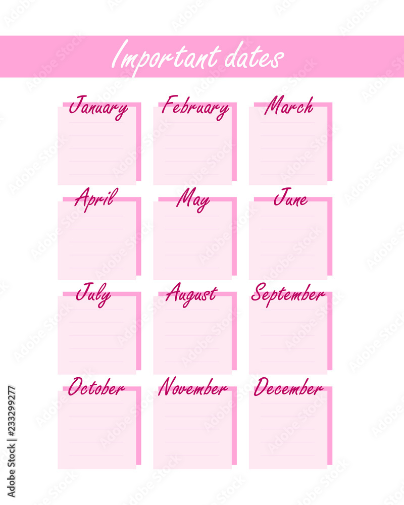 Universal pink stylish calendar of important dates. isolated calendar with birthdays and other events in a minimalist form.