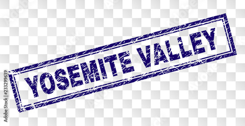 YOSEMITE VALLEY stamp seal imprint with rubber print style and double framed rectangle shape. Stamp is placed on a transparent background.