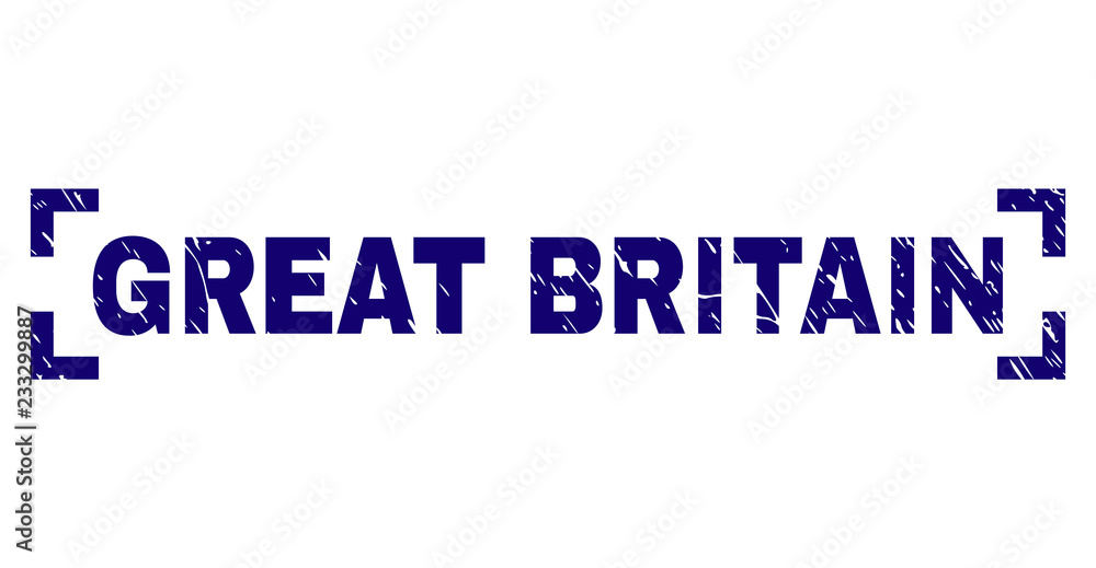 GREAT BRITAIN title seal watermark with grunge texture. Text tag is placed inside corners. Blue vector rubber print of GREAT BRITAIN with grunge texture.