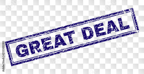 GREAT DEAL stamp seal imprint with rubber print style and double framed rectangle shape. Stamp is placed on a transparent background. Blue vector rubber print of GREAT DEAL title with dust texture.