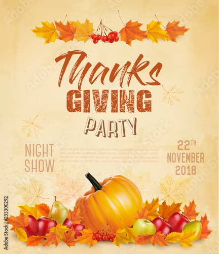 Happy Thanksgiving Flyer with colorful leaves and autumn vegetables Vector.