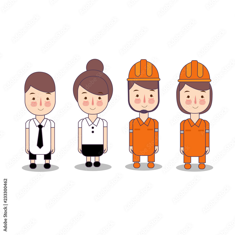 Naklejka premium Fireman wearing orange helmet and office worker with tie. Kids Characters Collection set of professions occupation in cartoon style.