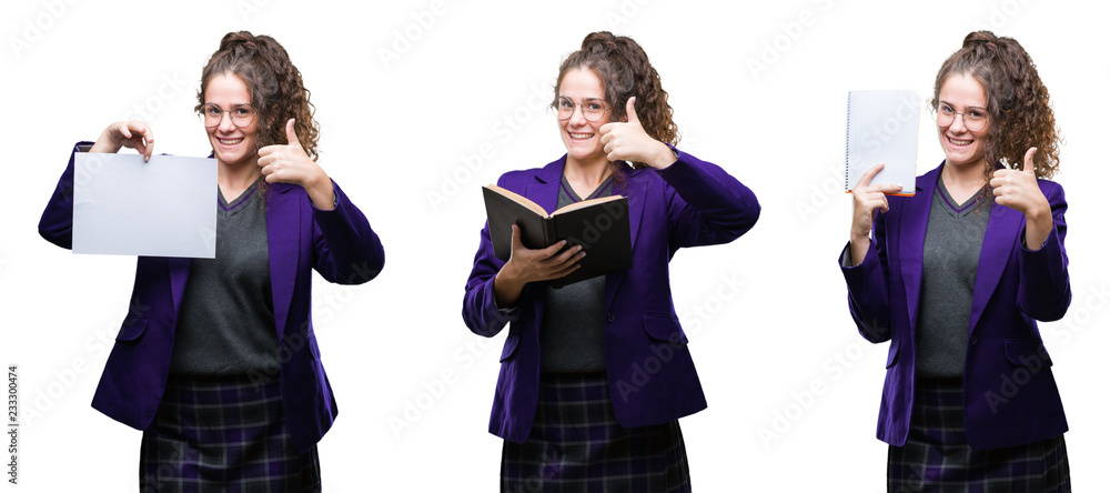 Collage of young student girl wearing school uniform holding degree over isolated background happy with big smile doing ok sign, thumb up with fingers, excellent sign Collage of young student girl wearing school uniform holding degree over isolated background happy with big smile doing ok sign, thumb up with fingers, excellent sign
