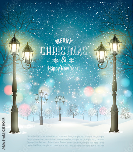 Christmas Holiday Background With Evening Winter Landscape and lamppost. Vector