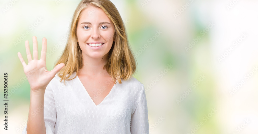 Beautiful young elegant woman over isolated background showing and pointing up with fingers number five while smiling confident and happy. Beautiful young elegant woman over isolated background showing and pointing up with fingers number five while smiling confident and happy.