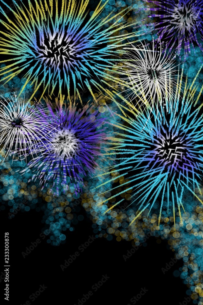 Fireworks, New Years Eve, celebration sky show bursts or creative color with space for text, unique vertical background