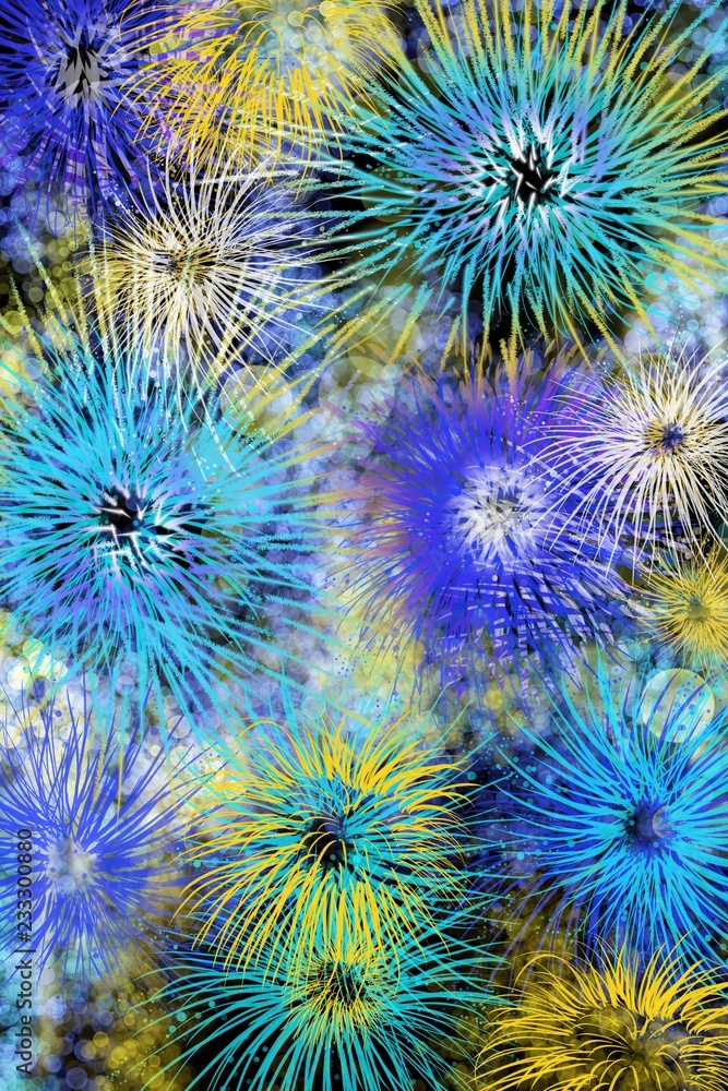 Fototapeta premium Fireworks, New Years Eve, celebration sky show bursts or creative color with space for text, unique vertical background
