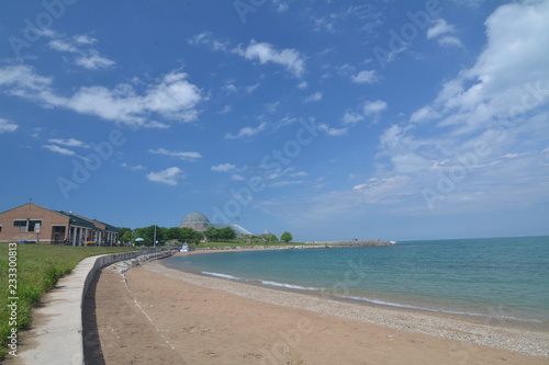 Chicago lakefront beach with blue sky