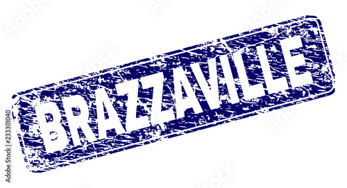 BRAZZAVILLE stamp seal print with distress style. Seal shape is a rounded rectangle with frame. Blue vector rubber print of BRAZZAVILLE text with unclean style.