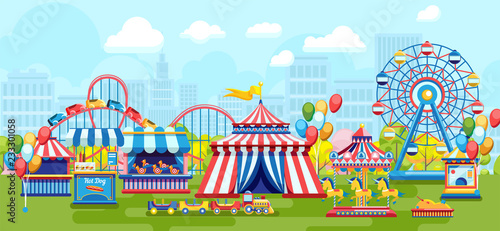 Colorful Flat Style Of Amusement Park With Plenty Of Merry-go-rounds On Urban Background