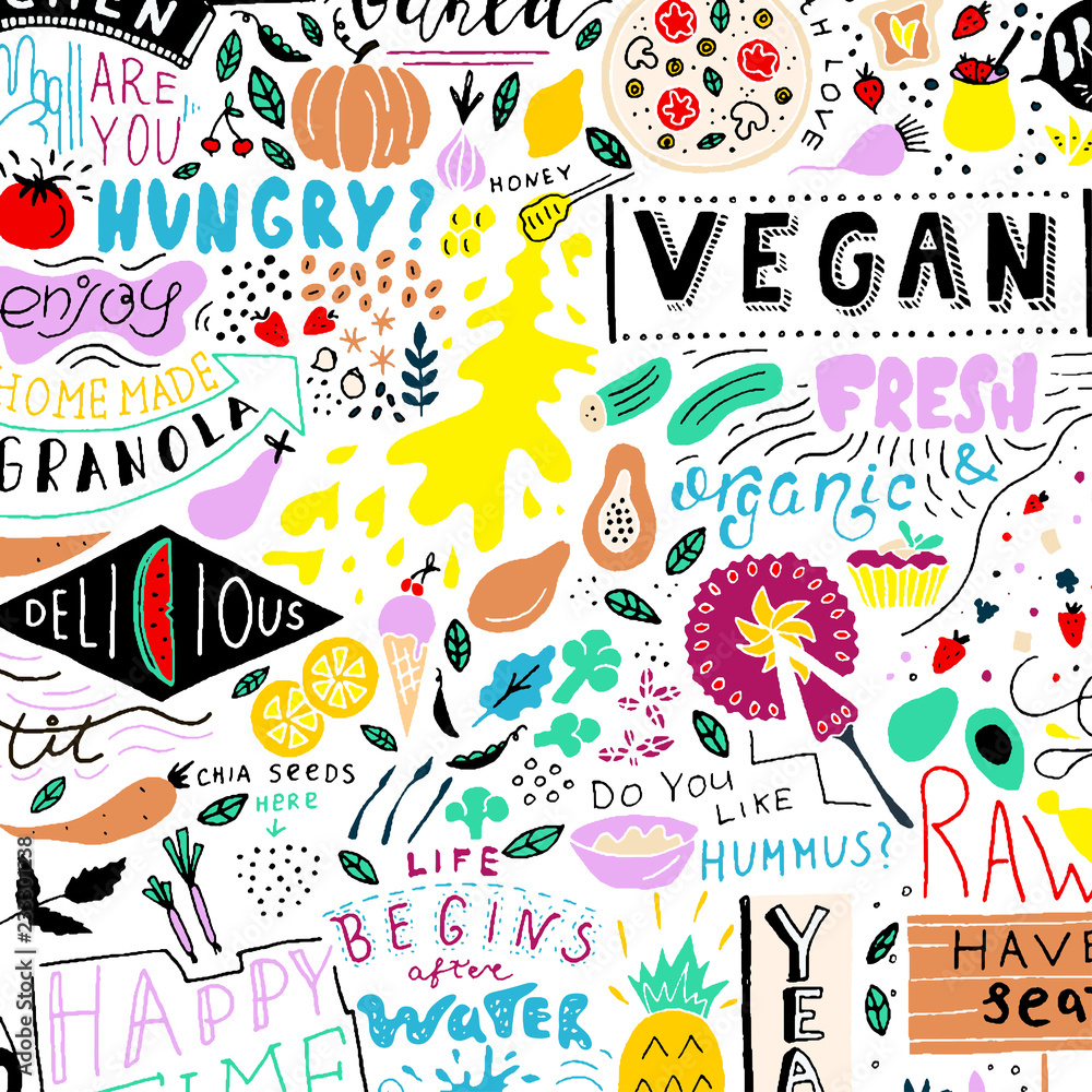 Vector food pattern. Funny vegan kitchen print.