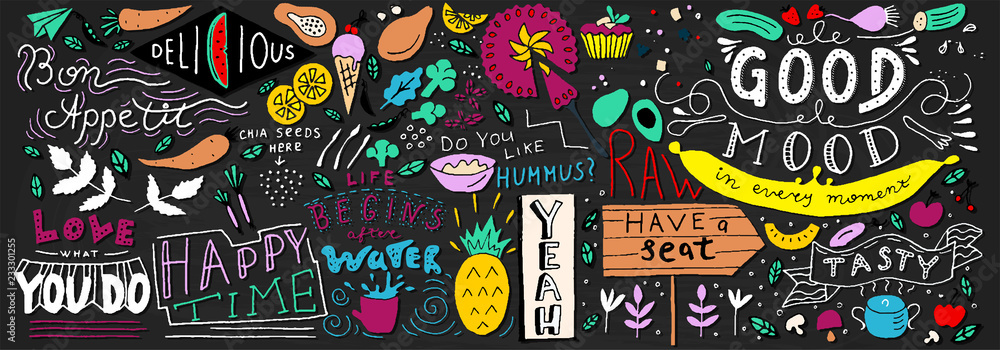 Naklejka premium Chalkboard Doodle Food Banner. Cafe template design. Restaurant wall typography.