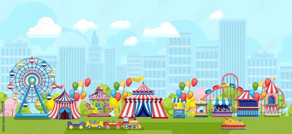 Flat style of bright fair in amusement park on urban background Flat style of bright fair in amusement park on urban background