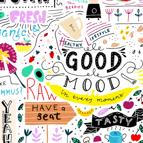 Kitchen doodle pattern, cafe template design. Sketchy food, kitchen wall art. Restaurant wall doodle.