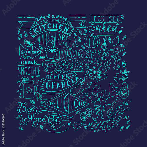 Fototapeta Naklejka Na Ścianę i Meble -  Kitchen Blackboard Lettering and Sketchy food. Vector Menu Elements. Cafe template design. Restaurant wall typography.