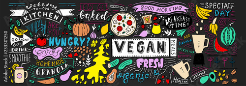 Chalkboard Doodle Food Banner. Cafe template design. Restaurant wall typography.