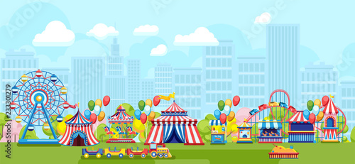 Flat style of bright fair in amusement park on urban background