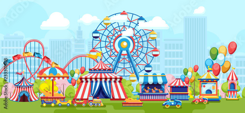 Bright flat design of amusement park with Ferris wheel on urban background 