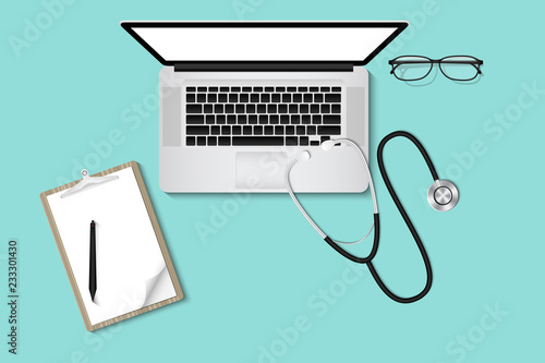Doctor’s table desktop with personal equipment., Healthcare and occupation concept, Vector, Illustration