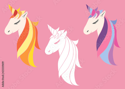 set of vector unicorns beautiful for girls  festive purple for birthday. head of a unicorn with a horn mane