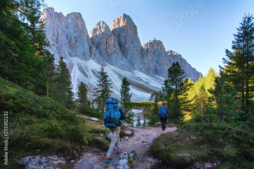 Travel Dolomites. Tourists hiking in Puez-Odle natural park, Geisler mountains on the background. South Tyrol province of Italy.