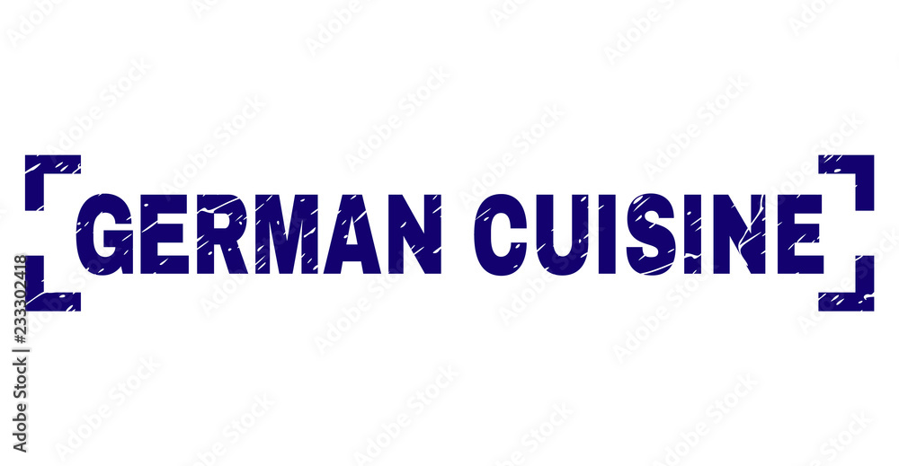 GERMAN CUISINE label seal print with grunge effect. Text caption is placed between corners. Blue vector rubber print of GERMAN CUISINE with grunge texture. GERMAN CUISINE label seal print with grunge effect. Text caption is placed between corners. Blue vector rubber print of GERMAN CUISINE with grunge texture.