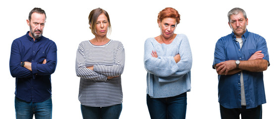 Collage of group of elegant middle age and senior people over isolated background skeptic and nervous, disapproving expression on face with crossed arms. Negative person.