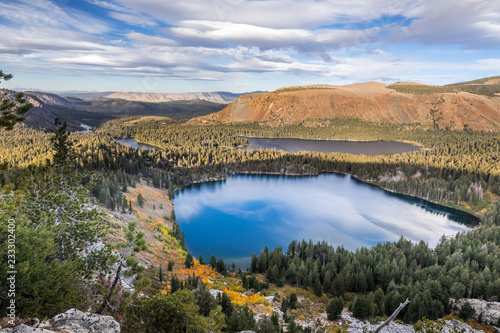 Aerial view of Lake George in the Mammoth Lakes basin close to sunset; Lake Marie visible in the background; Eastern Sierra mountains, California